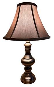 lot 44H image: LBR - Table Lamp - Bronze Turned Base, Beige Fabric Shade, 26 in Tall