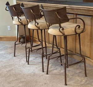 lot 46H image: Ll - Three Bar Stools - Iron Frame with Beige Cushions