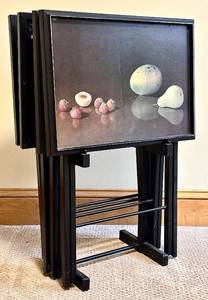 lot 53H image: LBR - Artex Tables TV Trays - Vintage Folding Fruit-Print Nesting Tables