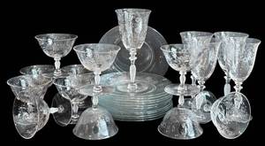 lot 107H image: DR - Vintage Fostoria Arcady Etched Floral Glassware - 5 Goblets, 11 Champagne Coupes, 12 Plates, 7 14 in tall