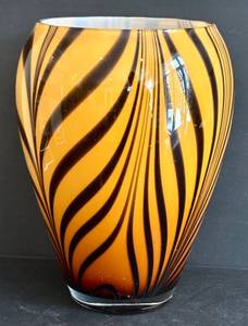 lot 108H image: LR - Murano-Style Hand-Blown Glass Vase - OrangeBlack Zebra Stripes, 10 in, Poland