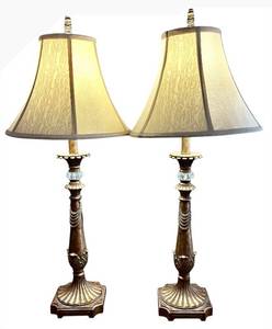lot 111H image: LR - Table Lamps - 34-Inch Gold-Tone Ornate Pair