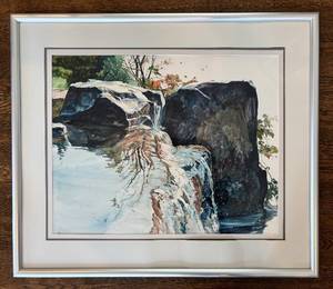 lot 121H image: FR - Blaine Watercolor Waterfall Scene - Abstract Landscape, Framed