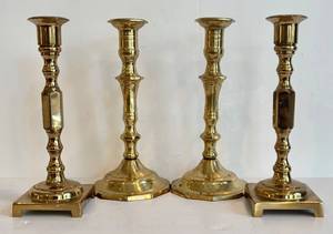 lot 127H image: DR - Brass Candle Holders - Set of 4, Two 8 in Tall & Two 7.75 in Tall