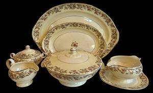 lot 129H image: DR - Vintage Taylor Smith & Taylor China Floral Serving Set - 2 Platters, Sugar, Creamer, Gravy Boat, Casserole