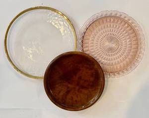 lot 152H image: DR - Glass, Wood & Crystal Serving Trays Set of 3