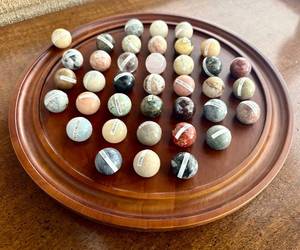 lot 165H image: LR - Round Wooden Marble Game Board with Assorted Agate Marbles