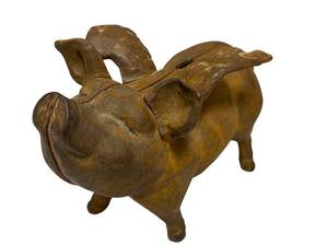 lot 6E image: O - Vintage Cast Iron Flying Piggy Bank - Winged Pig