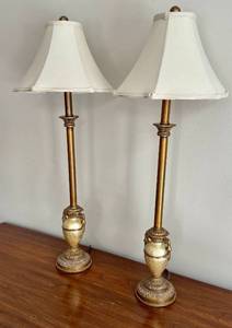 lot 21D image: DR - Table Lamps - Pair, 32-Inch Tall, Antique Brass