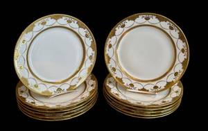 lot 31D image: LR - Vintage M.E. & Co France Antique Porcelain Dinner Plates Set of 12, Gold Border