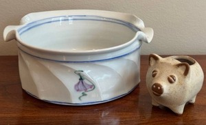 lot 66DD image: LR - Ceramic Bowl & Pig-Shaped Creamer - Blue & White Floral