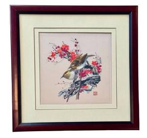 lot 67D image: O - Silk Embroidered Wall Hanging - Two Birds on Blossoms, 18.75 x 19 in, Framed