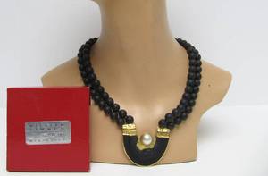 18K Designer Gold Pendant Necklace w/Mabe Pearl &amp; Black Onyx Beads