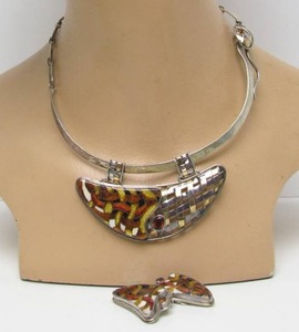 Large Sterling Silver &amp; Cloisonné Enamel Necklace &amp; Earring Set Signed "BW"