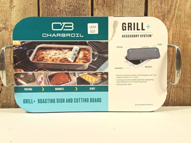 lot 9 image: Char-Broil Deep Dish and Cutting Board Stainless Steel Heat-Resistant Grill Topper