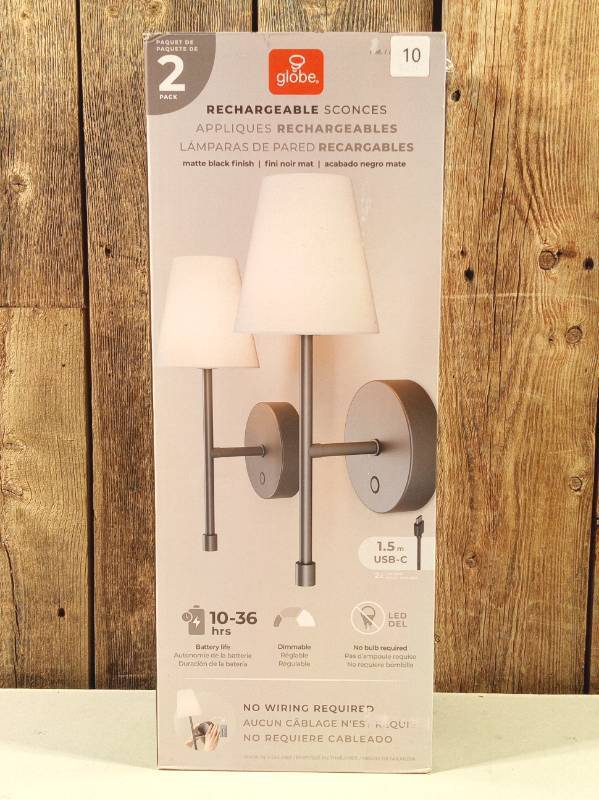 lot 10 image: Globe Electric Wireless Rechargeable LED Integrated Wall Sconce (2 Pack)