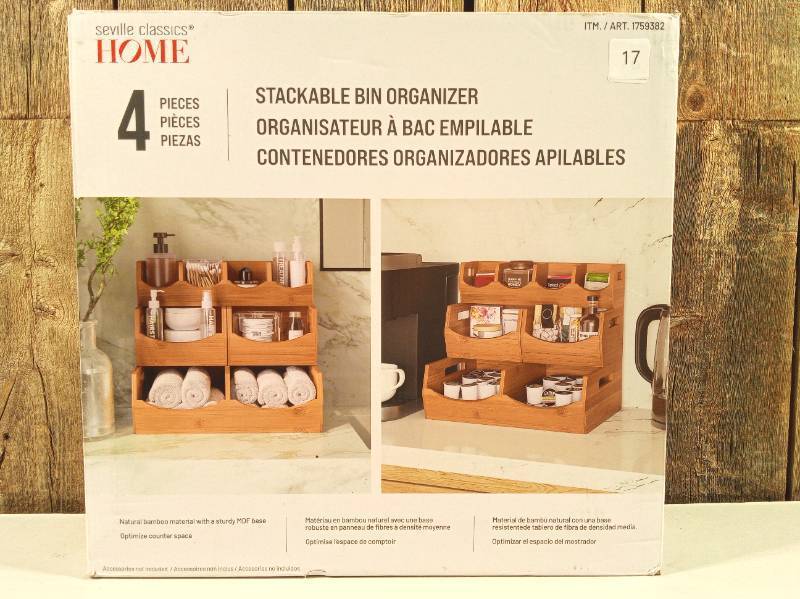 lot 17 image: Seville Classics 4pc Bamboo Stackable Organizer Storage Bins Set