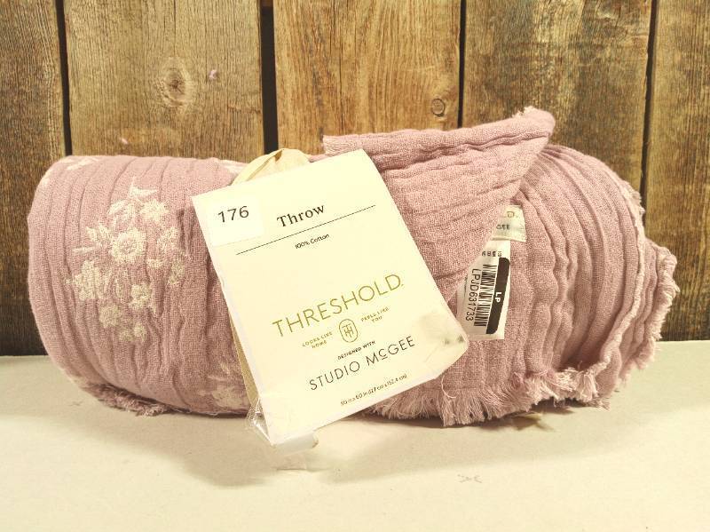 lot 176 image: Floral Block Print Jacquard Throw PurpleCream - Threshold