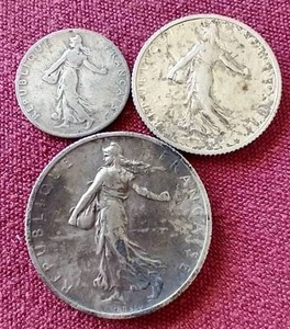 lot 37 image: (3) Early 1900s Silver French Coins - 50 Centimes, 1 Franc, 2 Franc