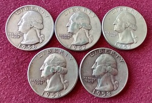 lot 42 image: (5) Silver Washington Quarters