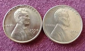 lot 56 image: (2) Uncirculated Red 1954-S Wheat Pennies