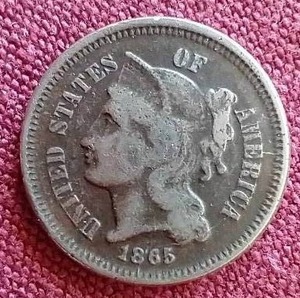 lot 110 image: Nice 1865 3 Cent Nickel