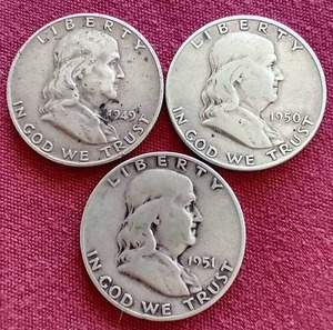 lot 119 image: (3) Franklin Half Dollars - 1949-D-1951-D