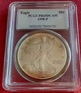 lot 131 image: 1998 American Silver Eagle - PCGS PR69DCAM