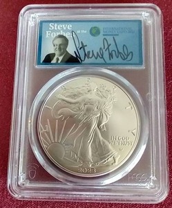 lot 140 image: 2023 American Silver Eagle - PCGS Gem BU Signed by Steve Forbes