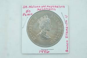 lot 1 image: 1996 ascension Island 50 Pence Coin. Copper-nickel.
