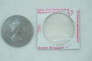 lot 2 image: 65th Anniversary of Napoleons Death. 1986 St. Helena and Ascension 50 Pence Commemorative Coin. (.999 fine silver-5 troy oz)