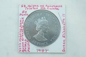 lot 4 image: 1987 St. Helena and Ascension Tristan Da Cunha 50 Pence Coin.