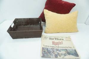 lot 9 image: Throw Pillows, Decorative Storage Basket, Vintage 1991 MN Twins Star Tribune Newspaper