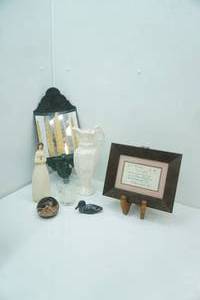 lot 11 image: Vintage Lusterware Ewer, Vintage Mirrored Metal Wall Sconce and other decor