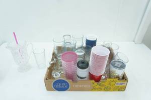 lot 19 image: Glassware, Red Solo Cups, Stainless Steel Coffee Cup, Crystal Pitcher