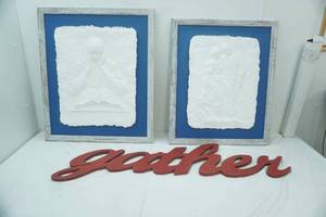 lot 33 image: Wooden Gather Cutout Wall Decor Jeneal Knapp 1994 Molded Paper Pulp Art. Framed 2ct