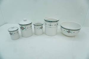 lot 49 image: Studio Nova Adirondack Canister Set and Mixing Bowl. Stoneware Set.