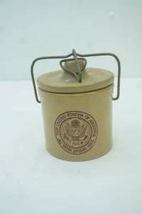 lot 67 image: Vintage Stoneware Cheese Crock featuring the Seal of the United States