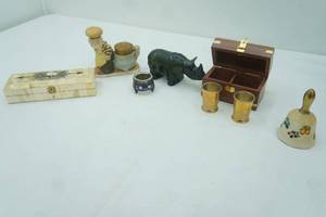 lot 97 image: Bone Box, Russian Salt Cellar, Rum Cups, Vintage Avon Rino After Shave