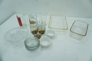 lot 101 image: Vintage Beer Mugs, Pyrex Bakeware, Crystal Seashell Divided Relish Tray and more