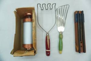 lot 150 image: Smiths Knife Sharpening Rods, Vintage Cookie Press, Spatula, and Potato Masher