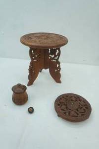 lot 169 image: Vintage Hand-Carved Indian Folding Mini Table, jar, 3 footed round platter