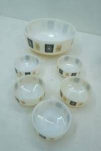 lot 171 image: Vintage Federal Glass White Milk Glass Mixing Bowls and Dishes Atomic Starburst Pattern