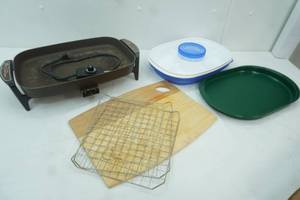 lot 198 image: Grill Pan wno lid, NEWLike new covered relish tray with dip container and cover, wooden Emeril cutting board