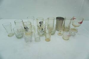 lot 199 image: Vintage Grain Belt Goblet, Glass Mugs, Cordial Cups, Stainless Steel Small Malt Cups