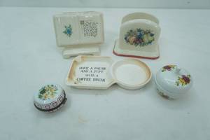 lot 267 image: Ceramic Trinket Box and Covered Dish, Avon Ceramic Napkin Holder and More