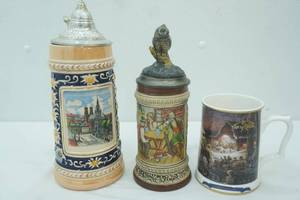 lot 338 image: 3ct Collectible Beer Steins,  2 wpewter lids. Terry Redlin