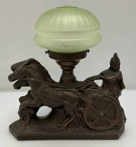 EST.  $175.00 To $325.00 1930's Art Deco Roman Chariot Table Lamp With Embossed  Uranium Glass Shade (Works)