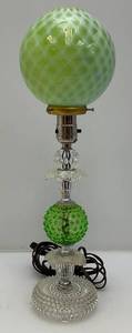 lot 2 image: Est.  $175.00 - $325.00 RARE FENTON Uranium Glass Lamp With Lime Green Opalescent Glass Globe With Milk Glass Webbing 19 (WORKS)