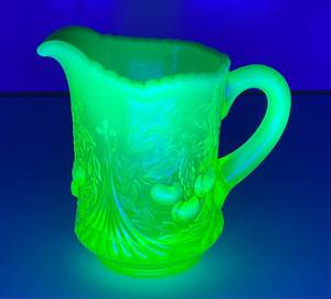 1930's Opalescent Vaseline Uranium Glass Wreathed Cherry Panel Creamer Pitcher 5"